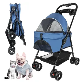 Pet Stroller 4 Wheels Dog Cat Stroller for Small Medium Dogs Cats Foldable Puppy Stroller with Storage Basket and Cup Holder.Blue