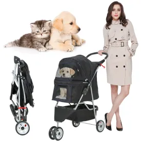 Pet Stroller Dog Stroller for Small Medium Dogs & Cats, 3 Wheel Folding Pet Travel Stoller Pet Jogger with Zipper Mesh Door and Storage Basket Easy Walk Pet Roadster for Puppy Animals (Black)