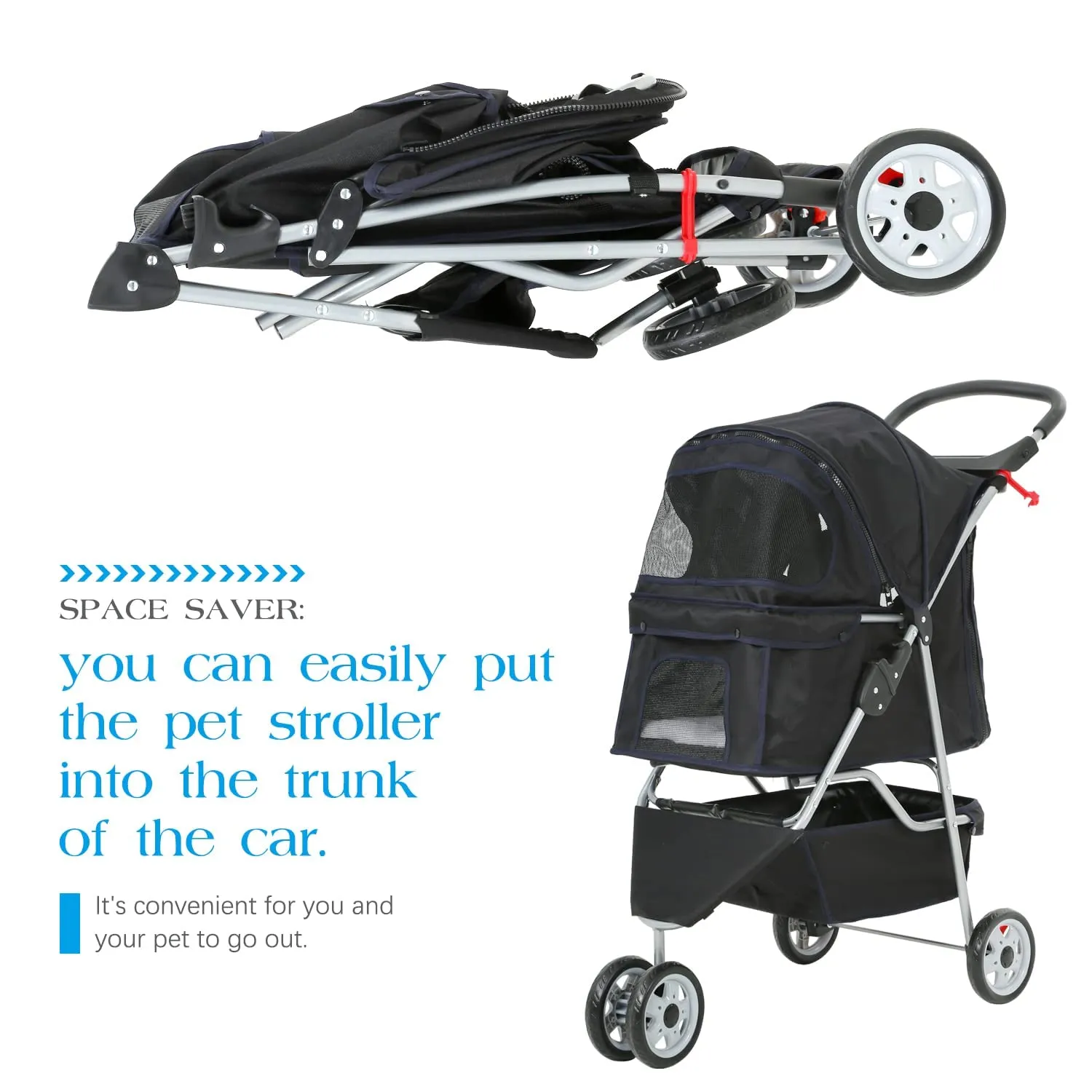 Pet Stroller Dog Stroller for Small Medium Dogs & Cats, 3 Wheel Folding Pet Travel Stoller Pet Jogger with Zipper Mesh Door and Storage Basket Easy Walk Pet Roadster for Puppy Animals (Black)