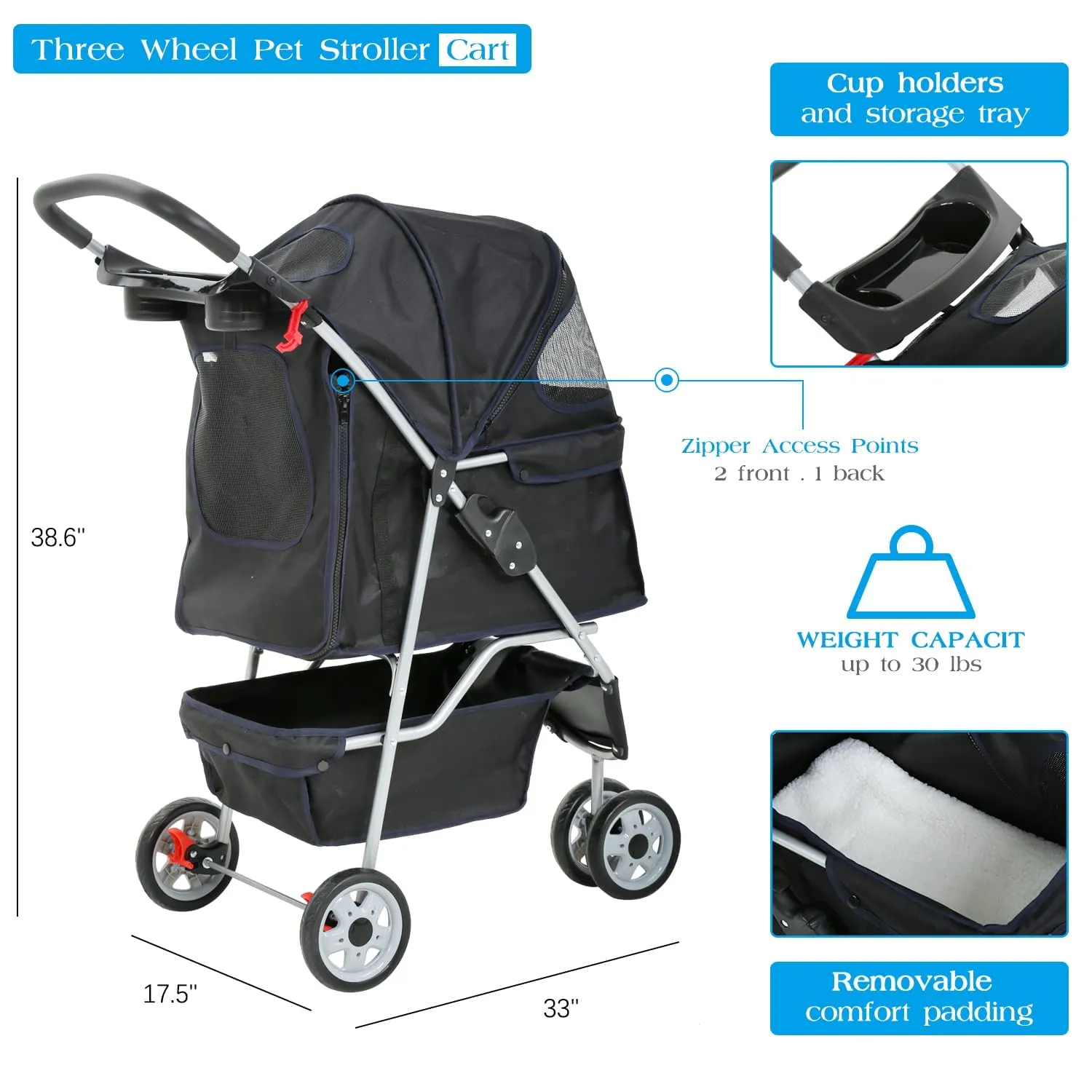 Pet Stroller Dog Stroller for Small Medium Dogs & Cats, 3 Wheel Folding Pet Travel Stoller Pet Jogger with Zipper Mesh Door and Storage Basket Easy Walk Pet Roadster for Puppy Animals (Black)
