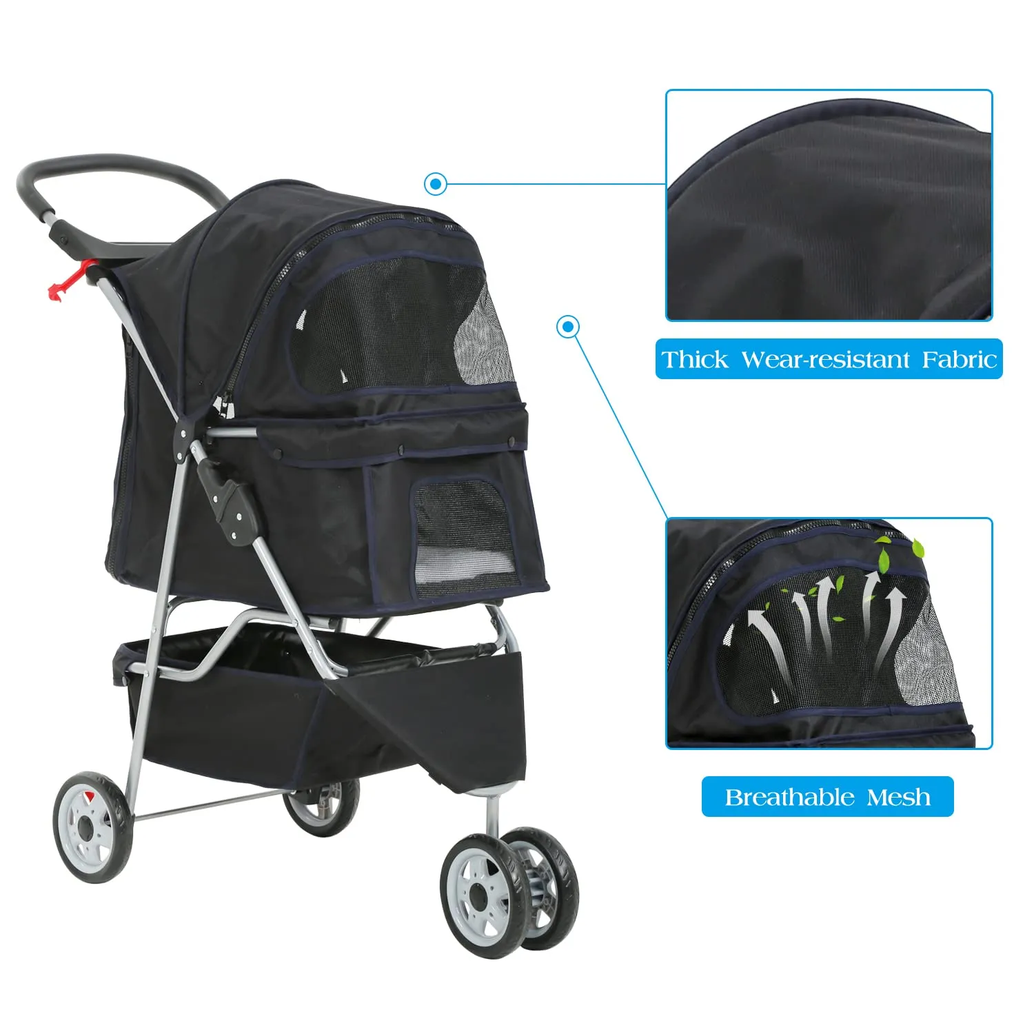 Pet Stroller Dog Stroller for Small Medium Dogs & Cats, 3 Wheel Folding Pet Travel Stoller Pet Jogger with Zipper Mesh Door and Storage Basket Easy Walk Pet Roadster for Puppy Animals (Black)