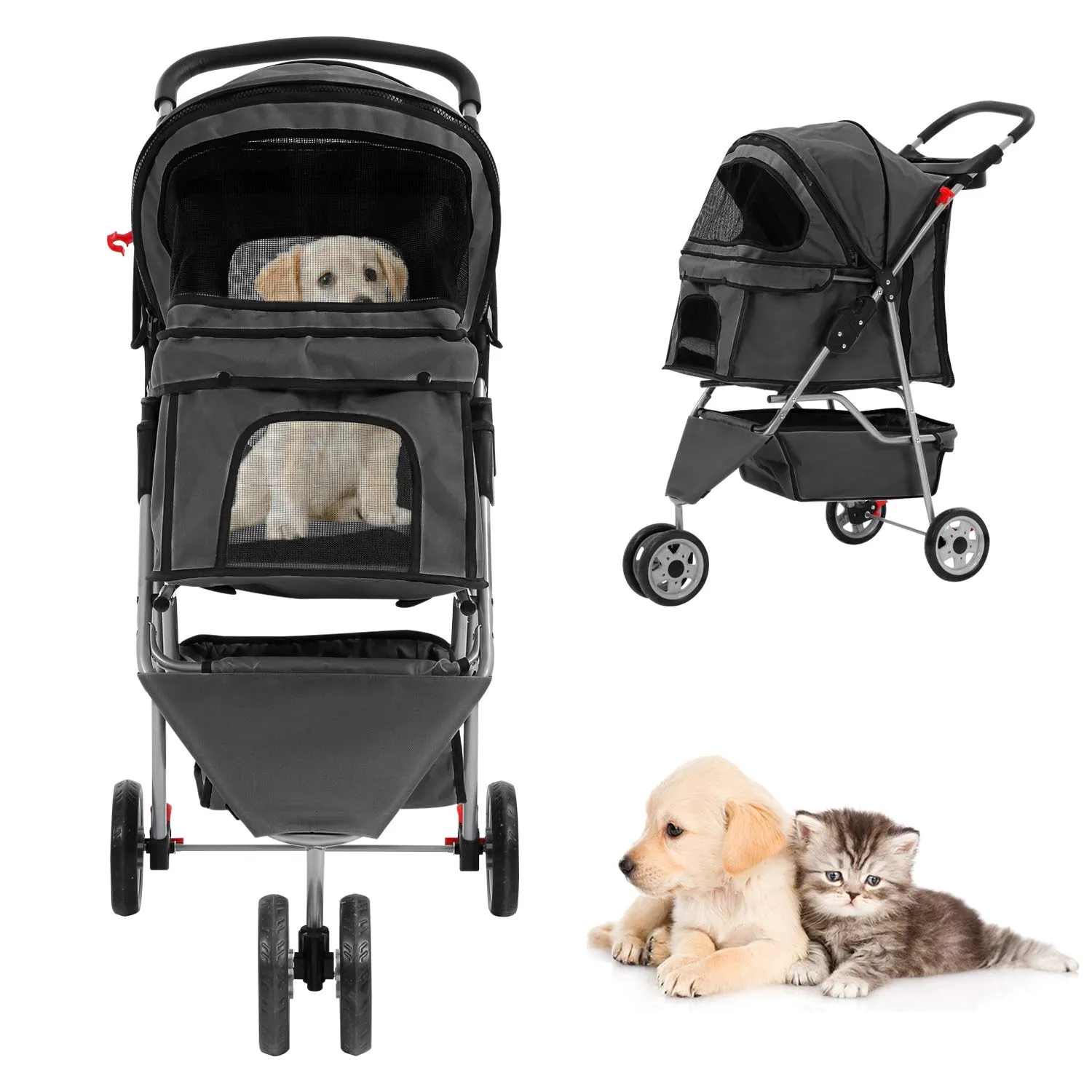 Pet Stroller Dog Stroller for Small Medium Dogs & Cats, 3 Wheel Folding Pet Travel Stoller Pet Jogger with Zipper Mesh Door and Storage Basket Easy Walk Pet Roadster for Puppy Animals (Black)