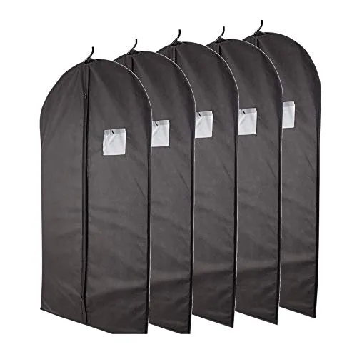 Plixio Garment Bags Suit Bag for Travel and Clothing Storage of Dresses, Dress Shirts, Coats— Includes Zipper and Transparent Window (Black- 5 Pack: 40")
