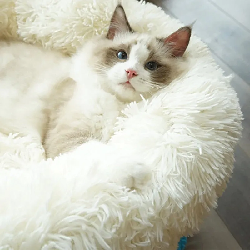 Plush Pet Cat Dog Bed Fluffy Round Soft Warm Winter Calming Bed Cozy Warm Plush Sleeping Kennel Donut Nest Puppy Kitten Bed Christmas
