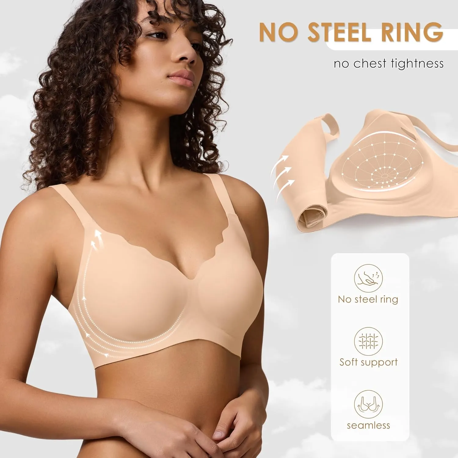 Seamless Wireless Bra for Women with Support - No Underwire Full Coverage Push Up Comfort Bras - Back Fat Smoothing Bralettes