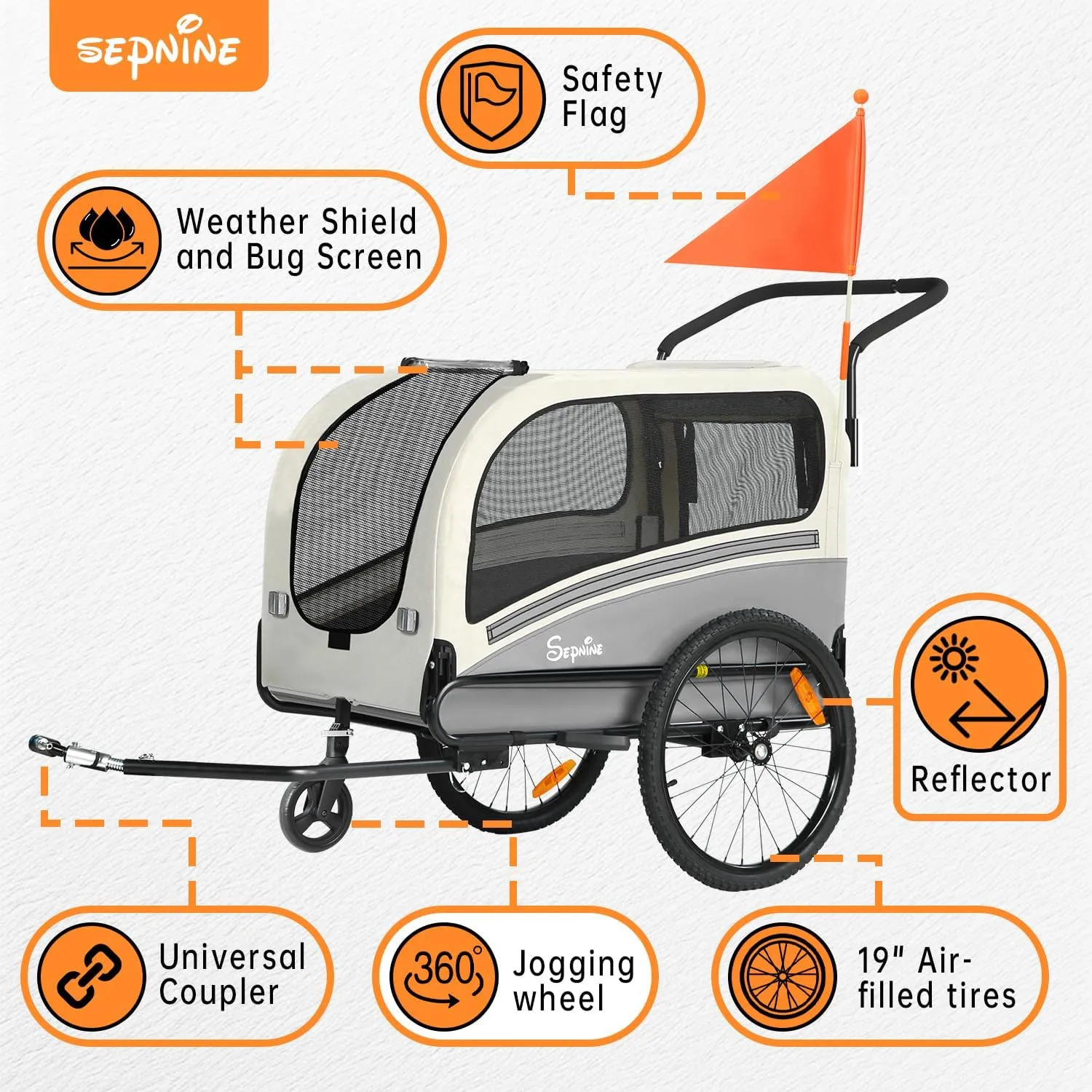 Sepnine Dog Bike Trailer, Supports up to 88 lbs, 2-in-1 Pet Stroller Cart Bicycle Carrier, Easy Folding Cart Frame with Quick Release Wheels, Universal Bicycle Coupler, Non-Slip Floor, Internal Leash