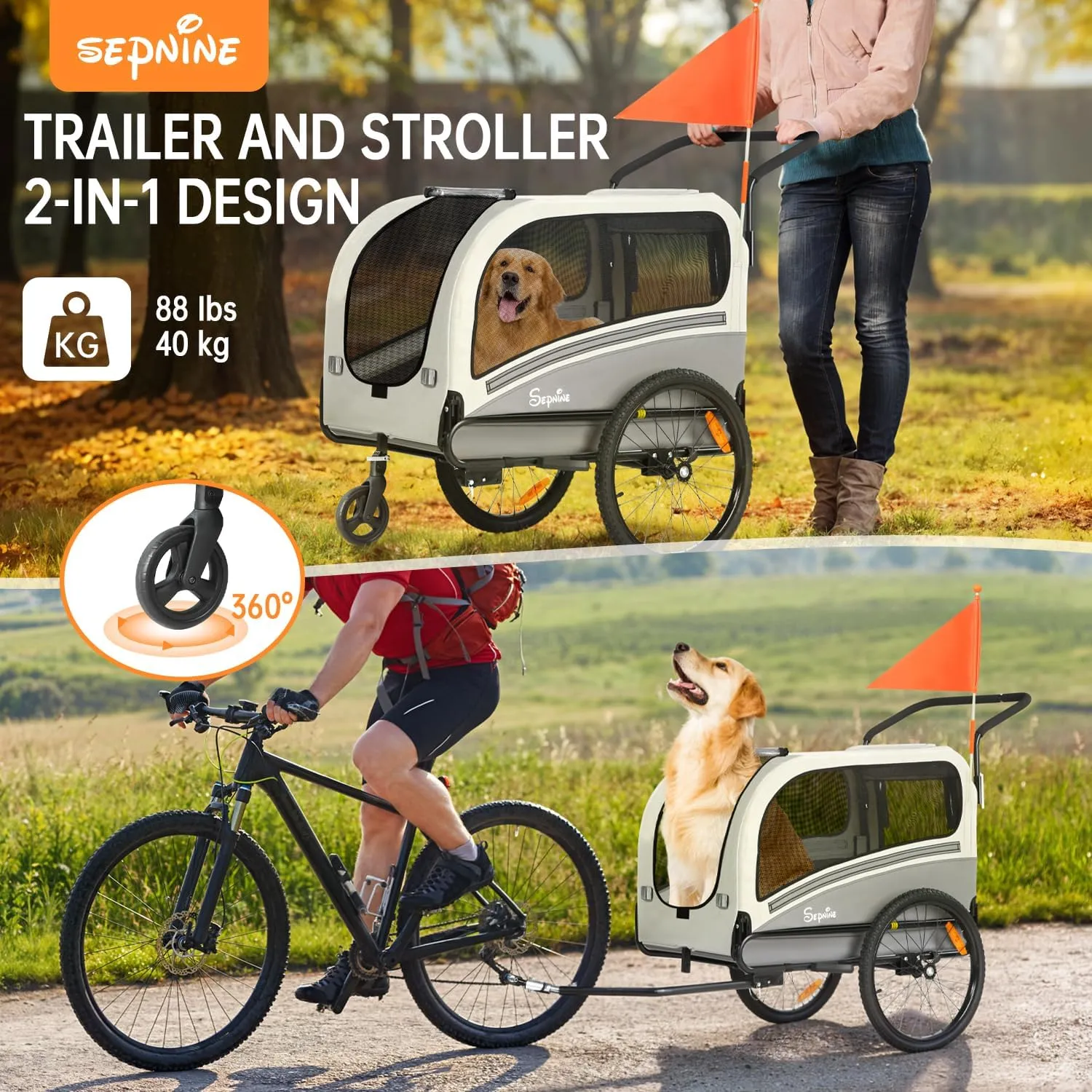 Sepnine Dog Bike Trailer, Supports up to 88 lbs, 2-in-1 Pet Stroller Cart Bicycle Carrier, Easy Folding Cart Frame with Quick Release Wheels, Universal Bicycle Coupler, Non-Slip Floor, Internal Leash