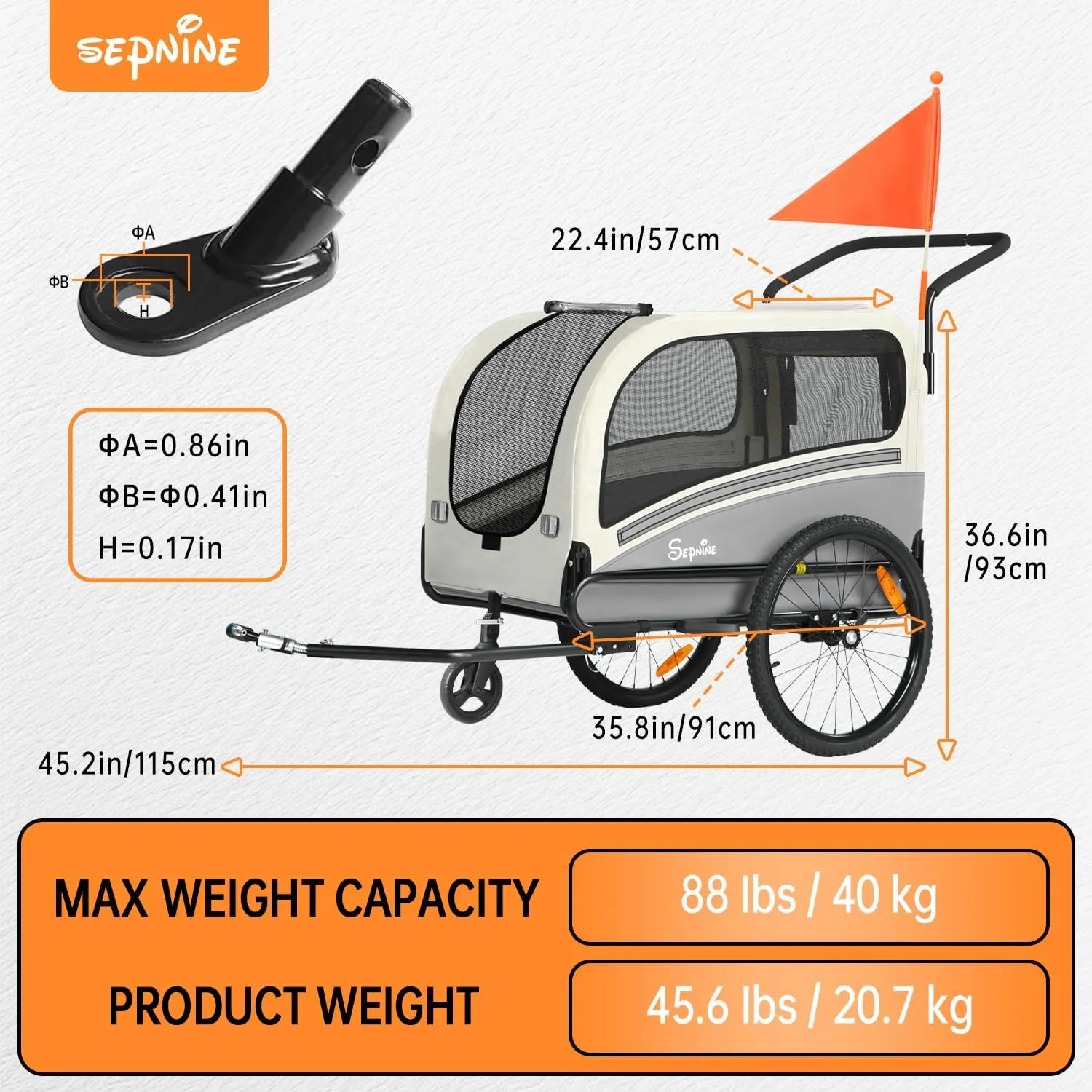 Sepnine Dog Bike Trailer, Supports up to 88 lbs, 2-in-1 Pet Stroller Cart Bicycle Carrier, Easy Folding Cart Frame with Quick Release Wheels, Universal Bicycle Coupler, Non-Slip Floor, Internal Leash