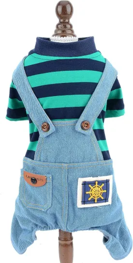 SMALLLEE_LUCKY_STORE Pet Stripe Sweater Shirt Denim Overalls for Small Dogs Cats Boy Girl Tshirt Pants 4 Legged Outfits Puppy Jumpsuit Yorkie Chihuahua Clothes,Green,Size M