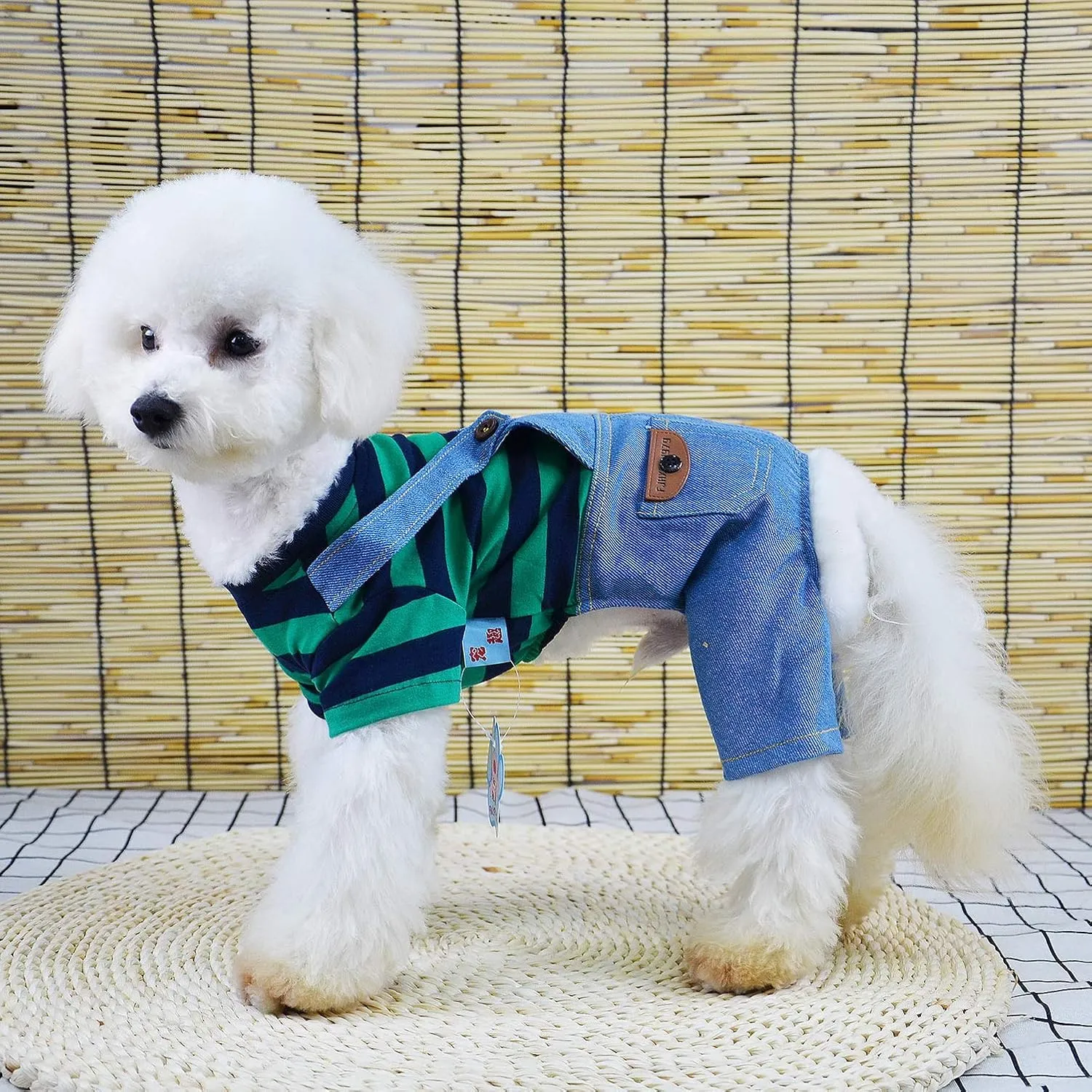 SMALLLEE_LUCKY_STORE Pet Stripe Sweater Shirt Denim Overalls for Small Dogs Cats Boy Girl Tshirt Pants 4 Legged Outfits Puppy Jumpsuit Yorkie Chihuahua Clothes,Green,Size M