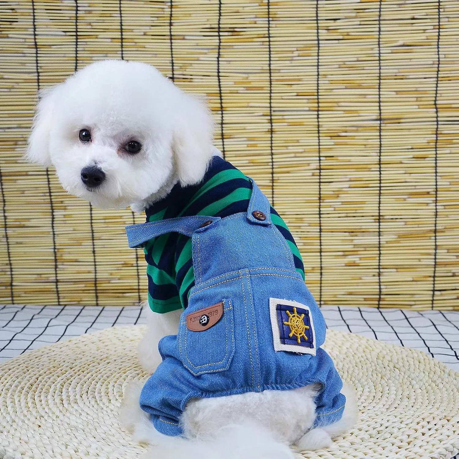 SMALLLEE_LUCKY_STORE Pet Stripe Sweater Shirt Denim Overalls for Small Dogs Cats Boy Girl Tshirt Pants 4 Legged Outfits Puppy Jumpsuit Yorkie Chihuahua Clothes,Green,Size M