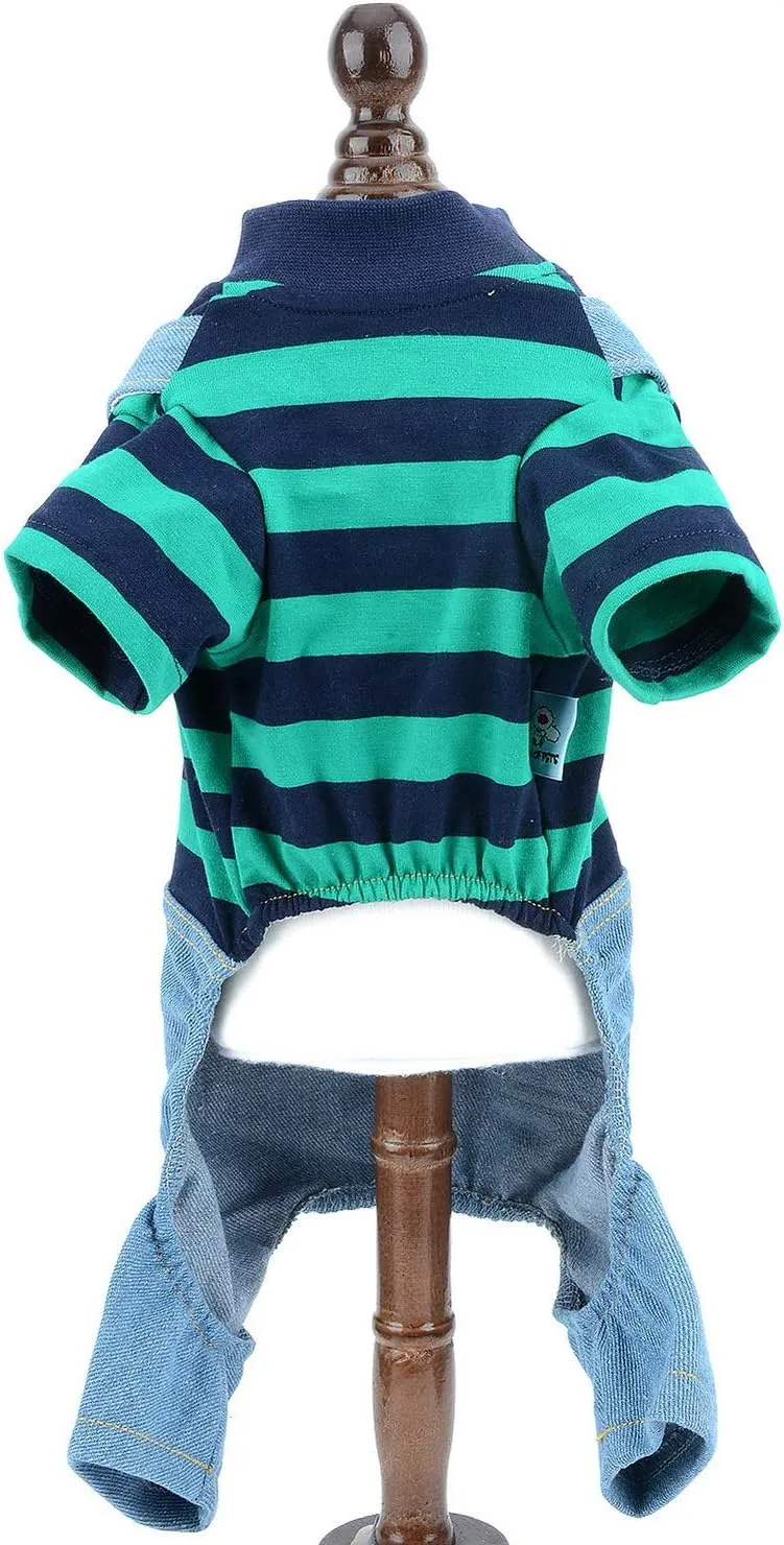 SMALLLEE_LUCKY_STORE Pet Stripe Sweater Shirt Denim Overalls for Small Dogs Cats Boy Girl Tshirt Pants 4 Legged Outfits Puppy Jumpsuit Yorkie Chihuahua Clothes,Green,Size M