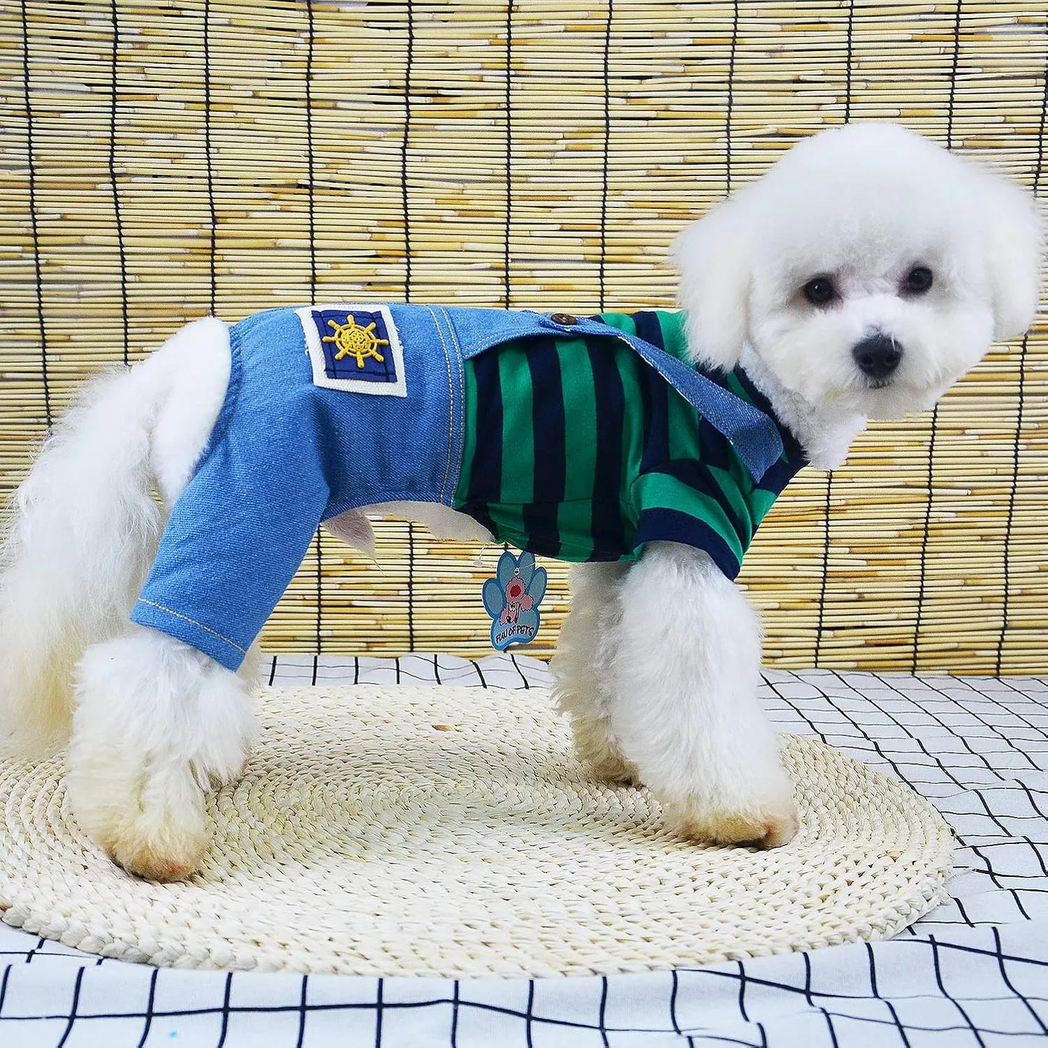 SMALLLEE_LUCKY_STORE Pet Stripe Sweater Shirt Denim Overalls for Small Dogs Cats Boy Girl Tshirt Pants 4 Legged Outfits Puppy Jumpsuit Yorkie Chihuahua Clothes,Green,Size M
