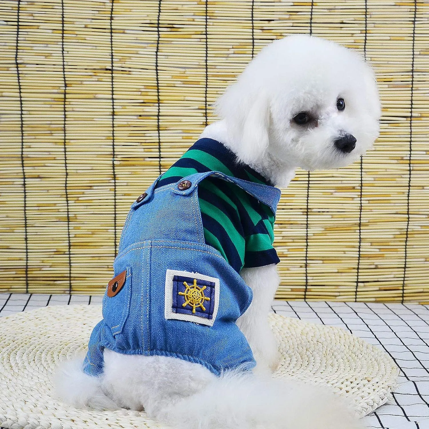 SMALLLEE_LUCKY_STORE Pet Stripe Sweater Shirt Denim Overalls for Small Dogs Cats Boy Girl Tshirt Pants 4 Legged Outfits Puppy Jumpsuit Yorkie Chihuahua Clothes,Green,Size M