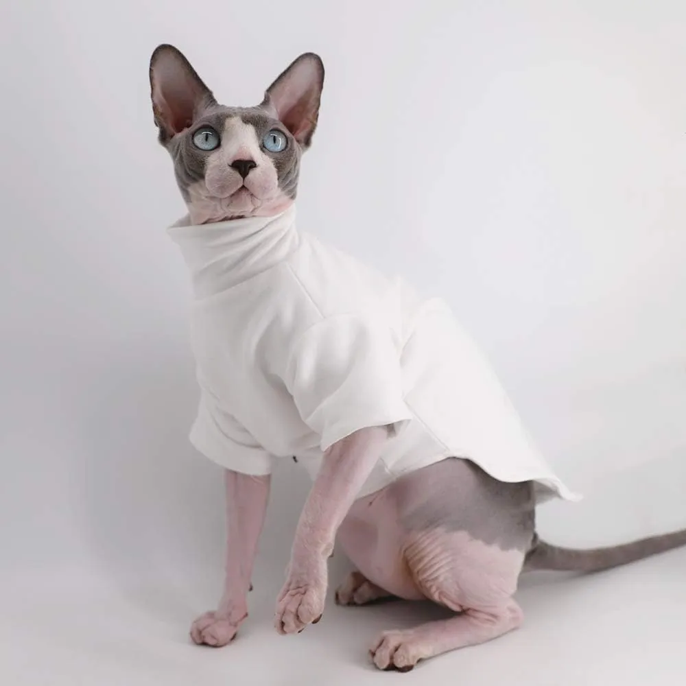 Sphynx Cat Clothes Winter Thick Cotton T-Shirts Double-Layer Pet Clothes, Pullover Kitten Shirts with Sleeves, Hairless Cat Pajamas Apparel for Cats & Small Dogs (S (3.3-5 lbs), White)