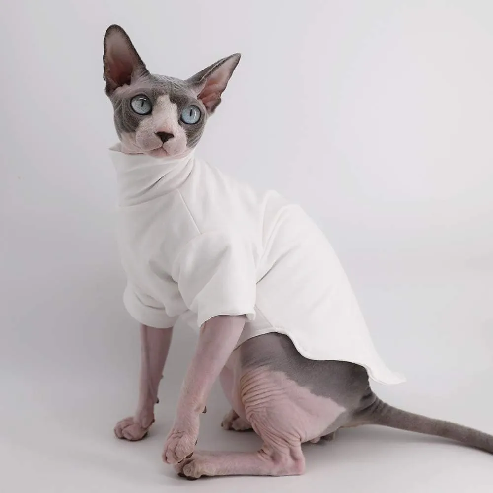 Sphynx Cat Clothes Winter Thick Cotton T-Shirts Double-Layer Pet Clothes, Pullover Kitten Shirts with Sleeves, Hairless Cat Pajamas Apparel for Cats & Small Dogs (S (3.3-5 lbs), White)