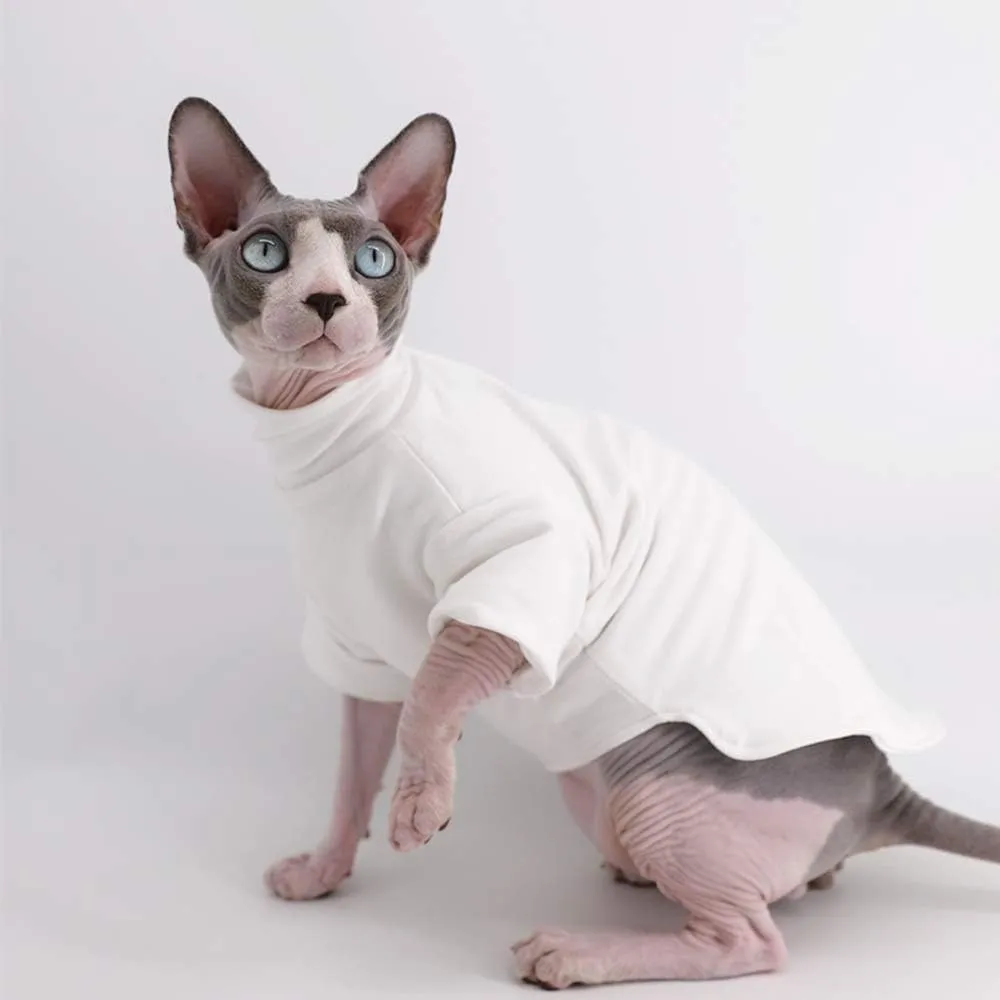 Sphynx Cat Clothes Winter Thick Cotton T-Shirts Double-Layer Pet Clothes, Pullover Kitten Shirts with Sleeves, Hairless Cat Pajamas Apparel for Cats & Small Dogs (S (3.3-5 lbs), White)