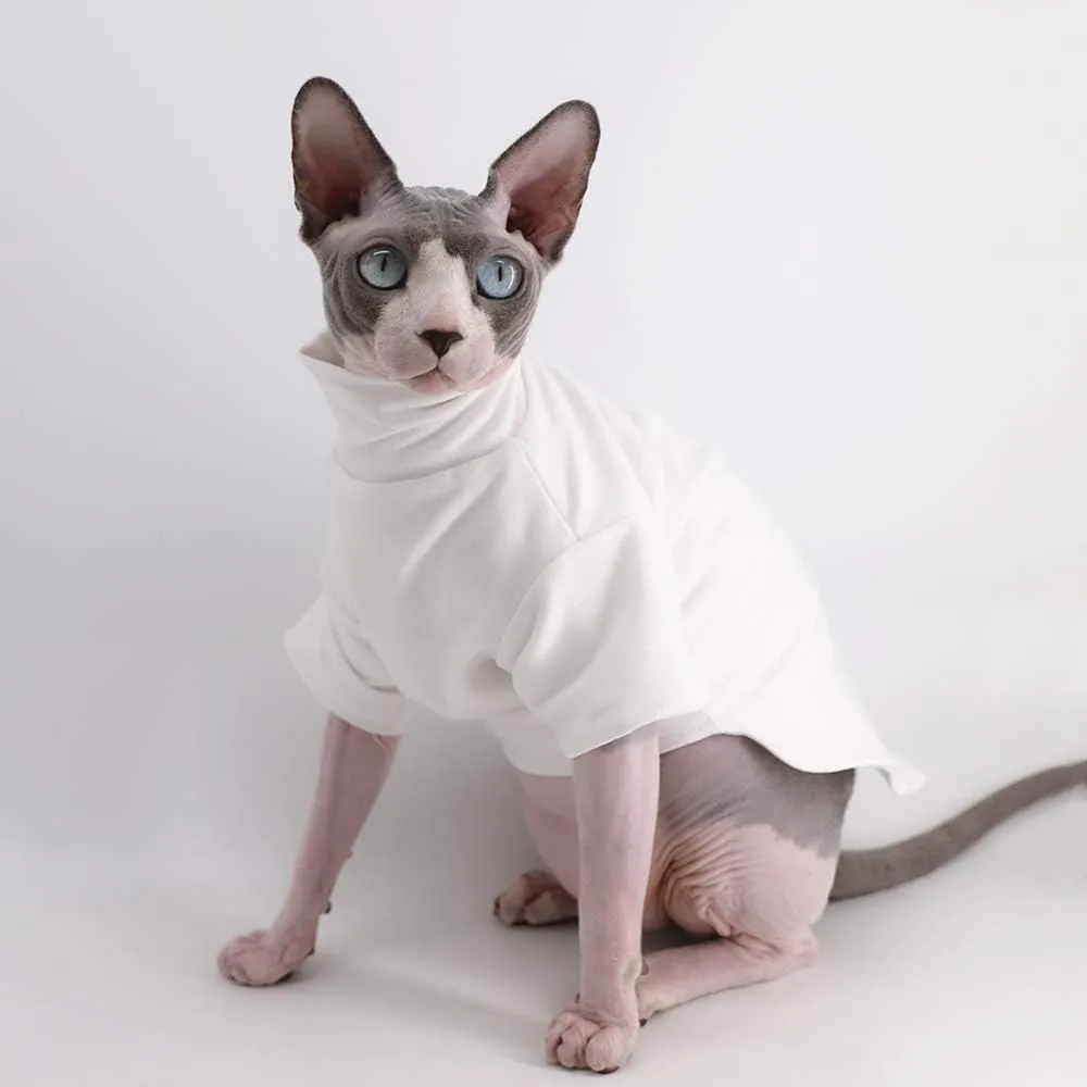 Sphynx Cat Clothes Winter Thick Cotton T-Shirts Double-Layer Pet Clothes, Pullover Kitten Shirts with Sleeves, Hairless Cat Pajamas Apparel for Cats & Small Dogs (S (3.3-5 lbs), White)