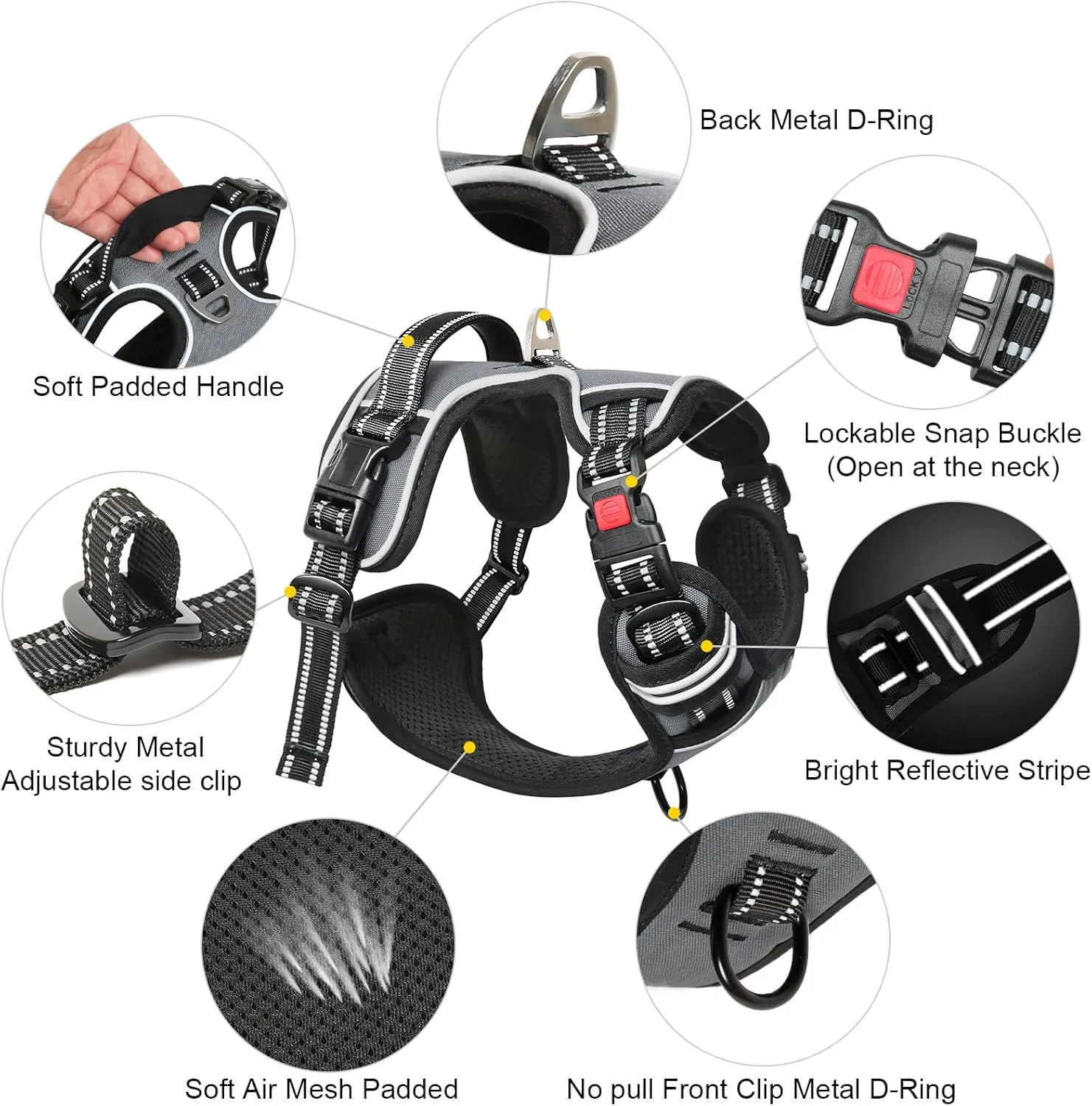 Timos Dog Harness Large Sized, No Pull with Neck Lockable Snap,No Choke Front Clip Dog Reflective Harness,Adjustable Metal Rings 3 Buckles,Easy Control Handle for Large Dogs Gray L