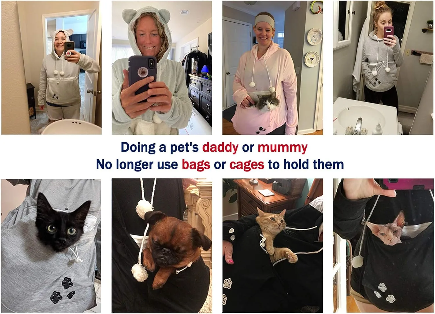 Unisex Pet Carrier Hoodie Cat Dog Pouch Holder Sweatshirt Shirt Top