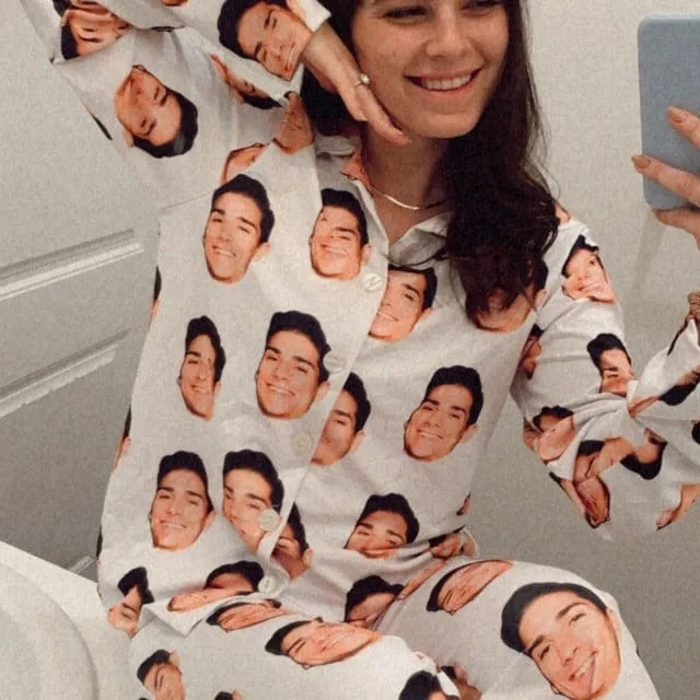 [Up To 4 Faces] Persoanlized Pajamas Custom Photo Funny Sleepwear With Faces On Them Women's Long Pajama Set