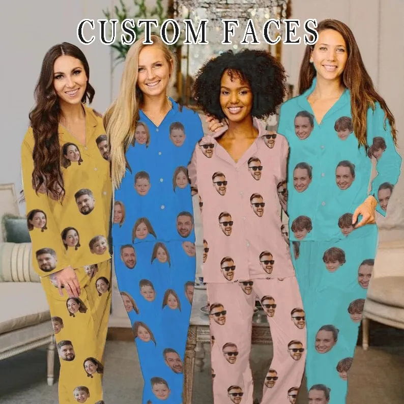 [Up To 4 Faces] Persoanlized Pajamas Custom Photo Funny Sleepwear With Faces On Them Women's Long Pajama Set