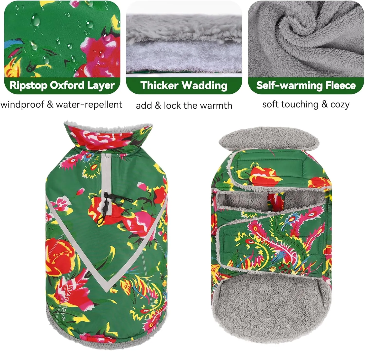 VIVAGLORY Warm Dog Fleece Vest Jacket with Two-Way Zipper Opening, Pet Jacket with Fleece Lining for Small Pets, Northeast Florals-Green, M
