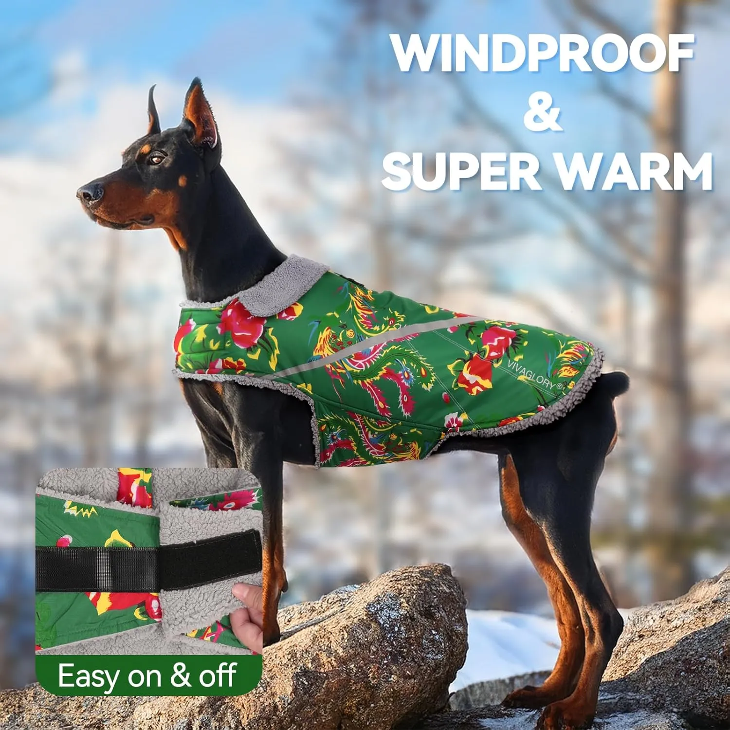 VIVAGLORY Warm Dog Fleece Vest Jacket with Two-Way Zipper Opening, Pet Jacket with Fleece Lining for Small Pets, Northeast Florals-Green, M