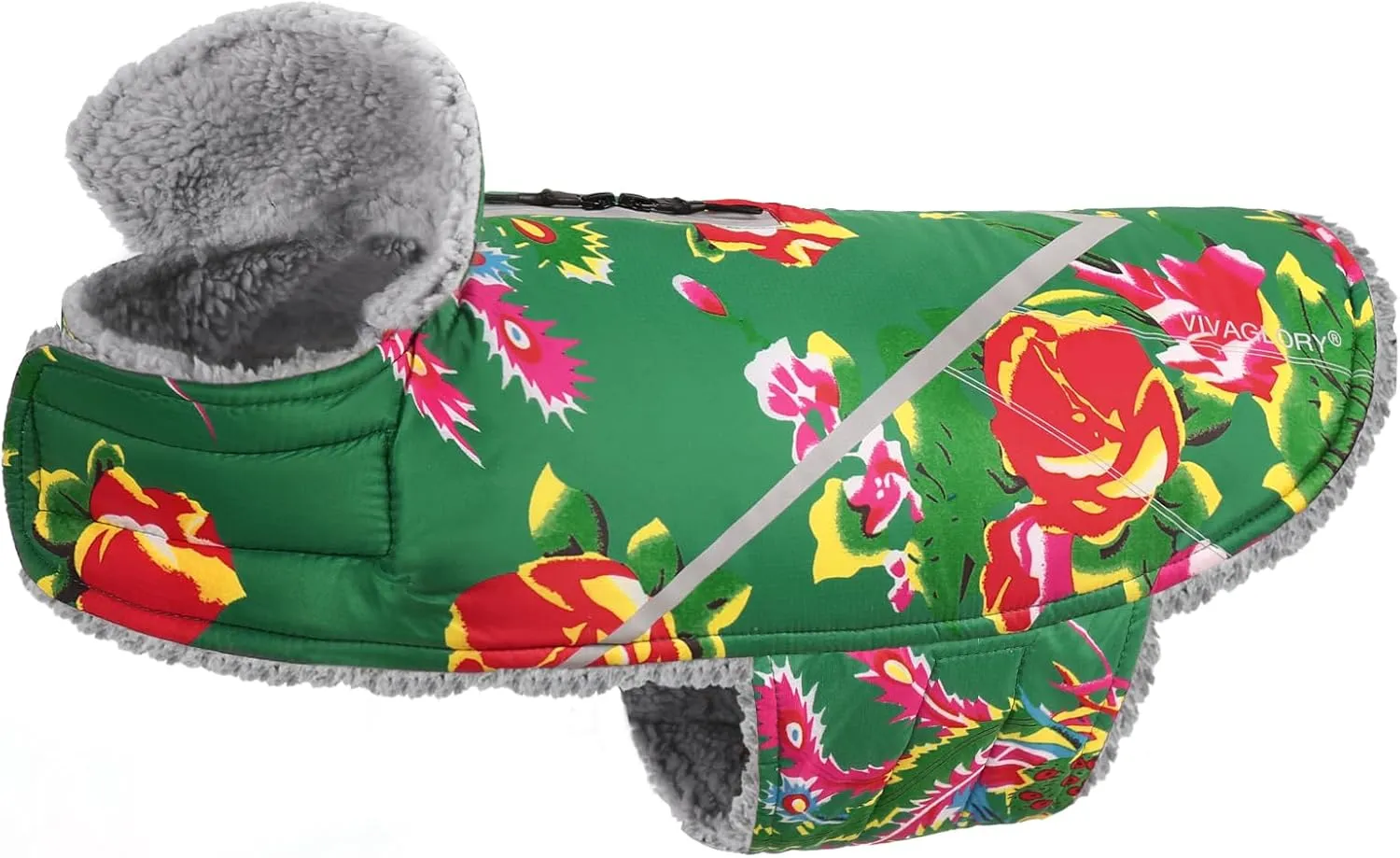VIVAGLORY Warm Dog Fleece Vest Jacket with Two-Way Zipper Opening, Pet Jacket with Fleece Lining for Small Pets, Northeast Florals-Green, M