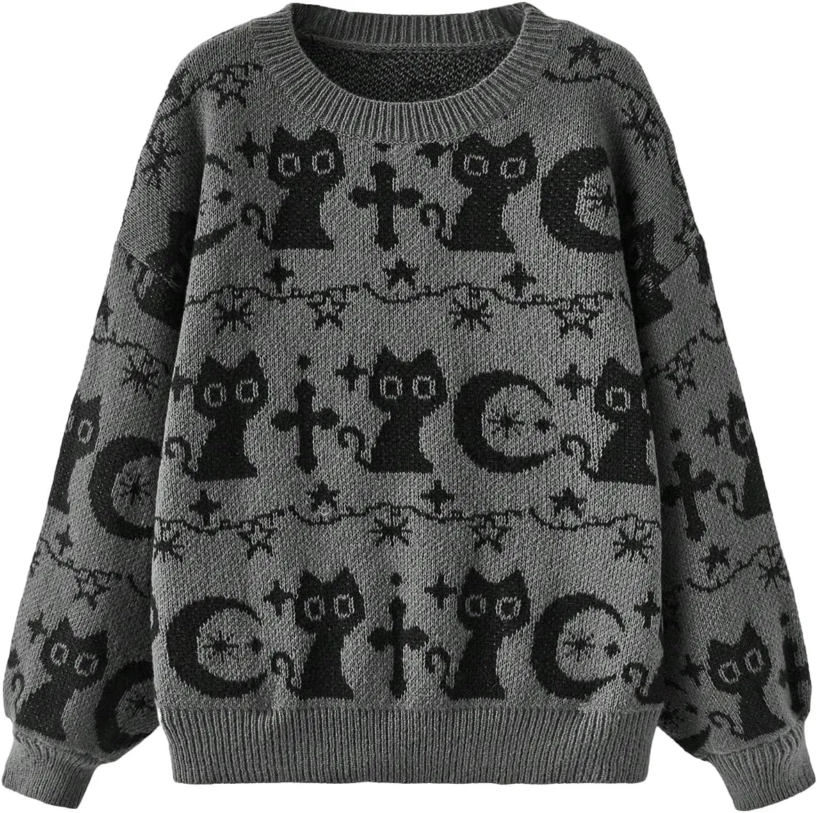 WDIRARA Women's Goth Cartoon Pattern Sweater Long Sleeve Crewneck Knit Pullover Top
