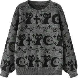 WDIRARA Women's Goth Cartoon Pattern Sweater Long Sleeve Crewneck Knit Pullover Top