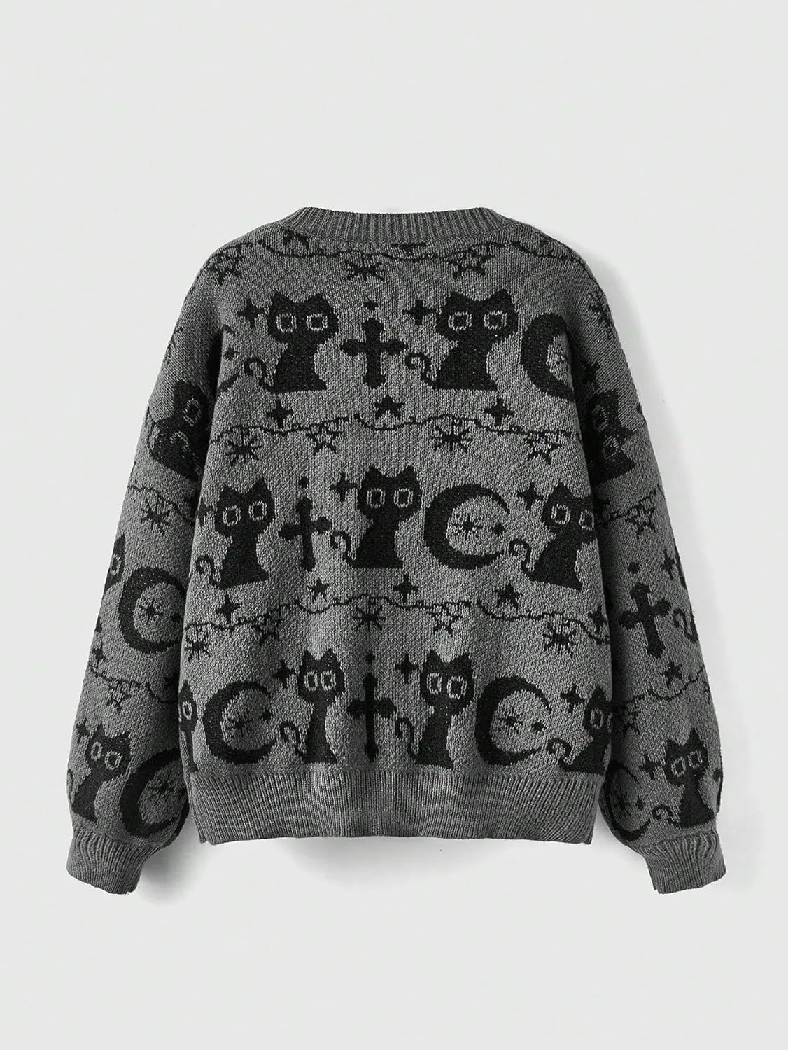 WDIRARA Women's Goth Cartoon Pattern Sweater Long Sleeve Crewneck Knit Pullover Top