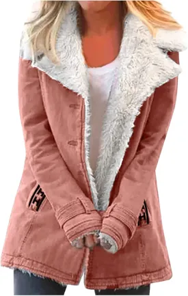 Womens Fleece Lined Jacket, Plus Size Winter Warm Parka Coat Trendy Lapel Button Down Furry Outerwear