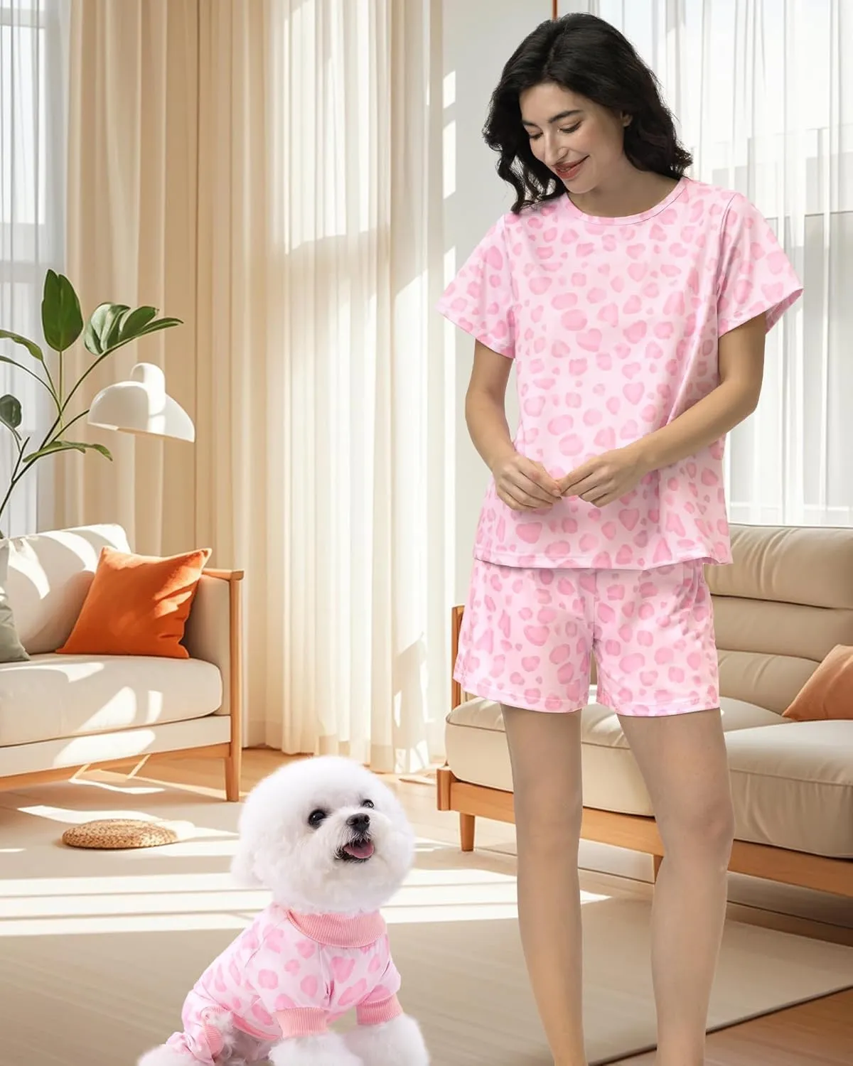 XPUDAC Matching Dog and Owner Clothes Womens Pajama Set Loungewear Short Sleeve Tee and Shorts, Owner and Pet Pajamas Are Sold Separately Leopard