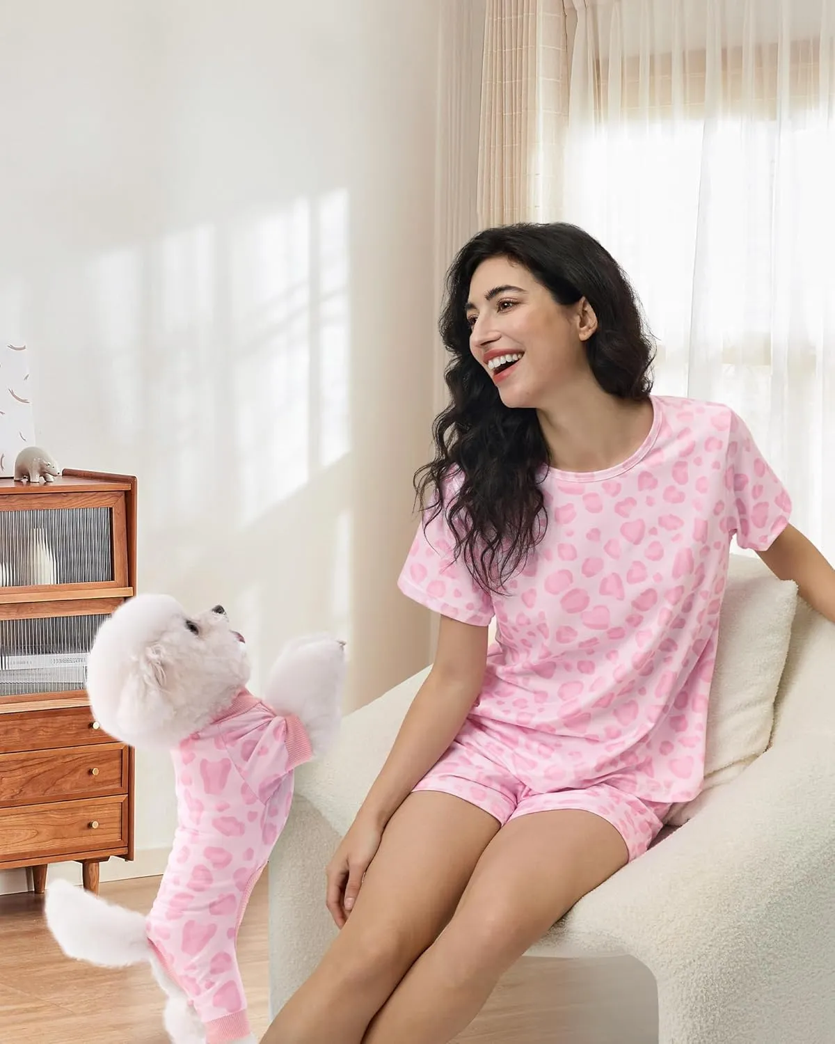 XPUDAC Matching Dog and Owner Clothes Womens Pajama Set Loungewear Short Sleeve Tee and Shorts, Owner and Pet Pajamas Are Sold Separately Leopard